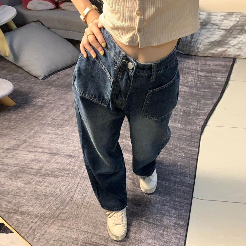 Dámské džíny s vysokým pasem a širokými nohavicemi v americkém stylu - Slim, volné, rovné kalhoty s velkými kapsami