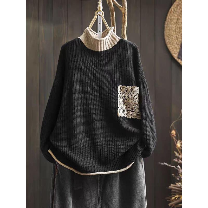 

Хлопковый вязаный свитер женский свободный большой размер с покрытием из мяса на осень и зиму литературный и повседневный пуловер 2XL чёрный