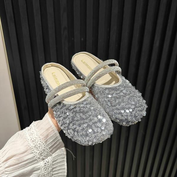 Fashion Glitter Slides Shoes Woman 2024 Slippers Flat Low Female Mule Pantofle Cover Toe Jelly Mules New PU Bling Crystal Rubber Rome Ho