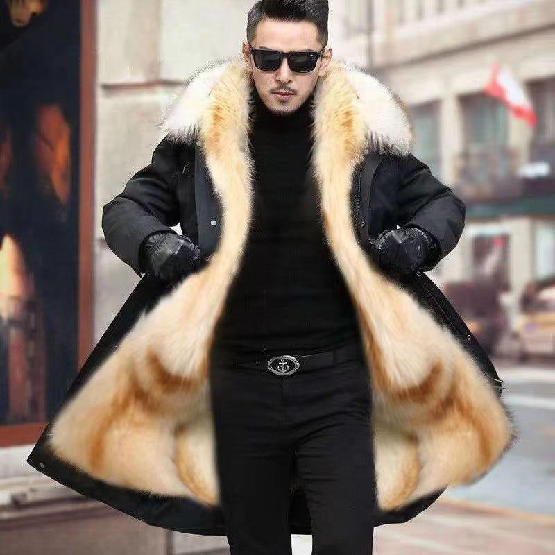 Pie overcome men's winter medium and long fur integrated winter thickened imitation fox fur jacket