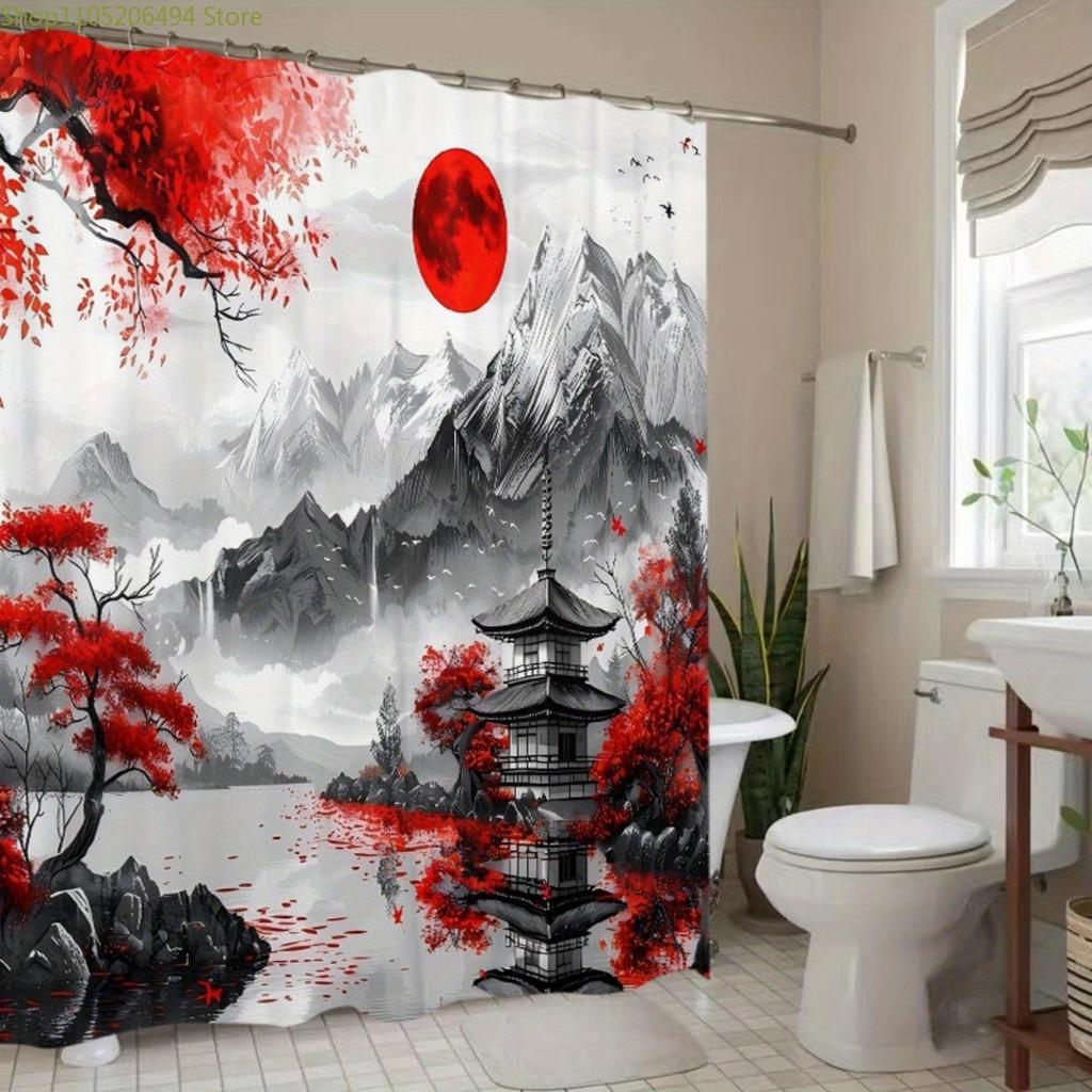1pc Red Japanese-Inspired Cherry Blossom & Mountain Landscape Shower Curtain - Durable Polyester Fabric, Machine Washable with