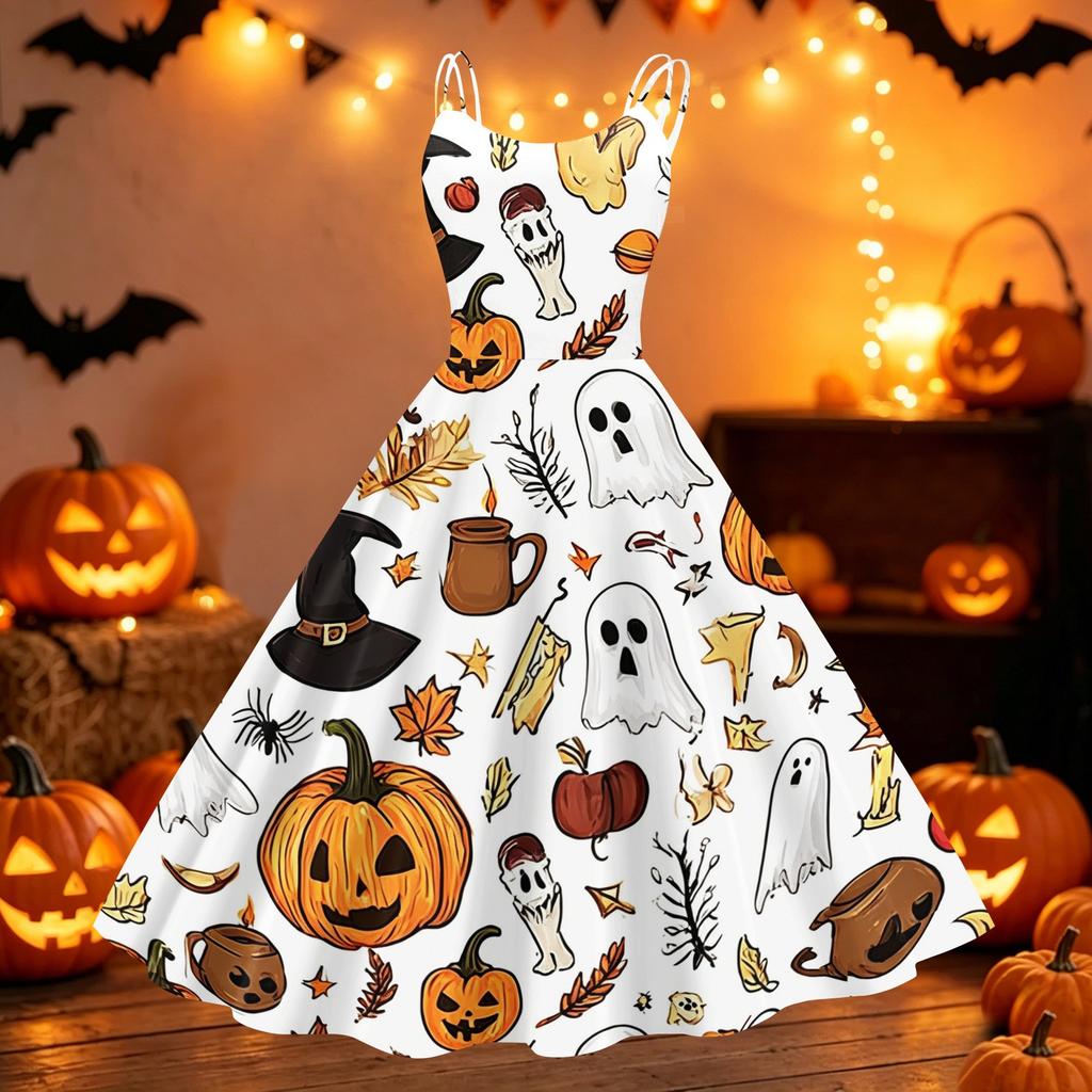 Women's Halloween Print Off Shoulder Dress Vintage Punk Style Sleeveless Spaghetti Strap Swing Dress with Flared Skirt for Party
