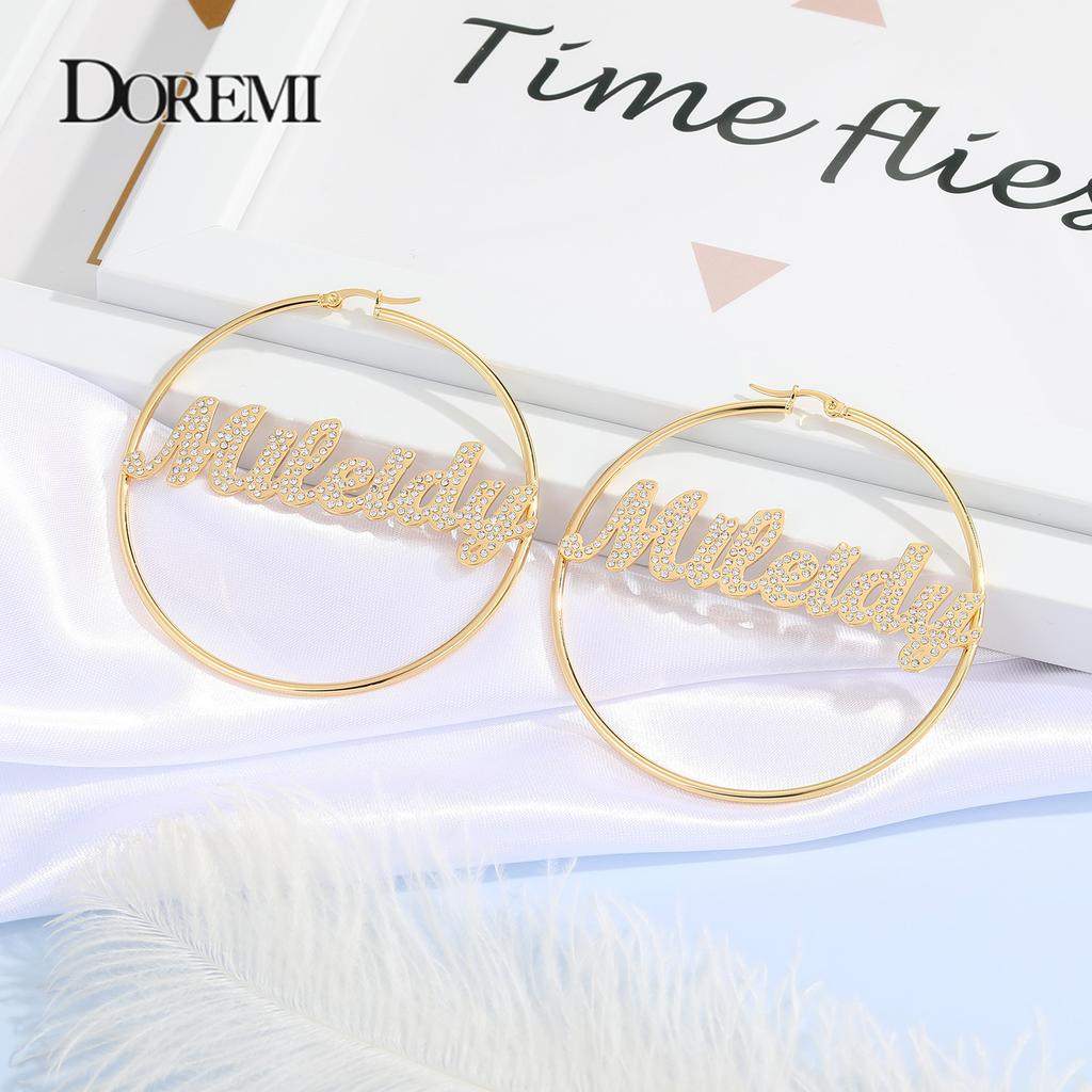 DOREMI Stainless  Name Hoops Earrings Custom Big Hoop Crystal Earrings Letter  Personalized  Earring Women Valentine's Day Gift