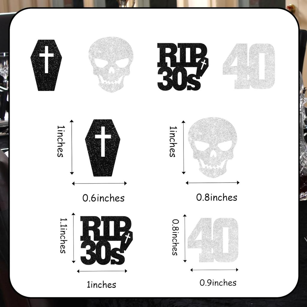 200Pcs Rip to My 30s Birthday Confetti Gothic Death to My Thirties Decorations Black Rip 30s Skull Tombstone Table Decorations Happy Birthday