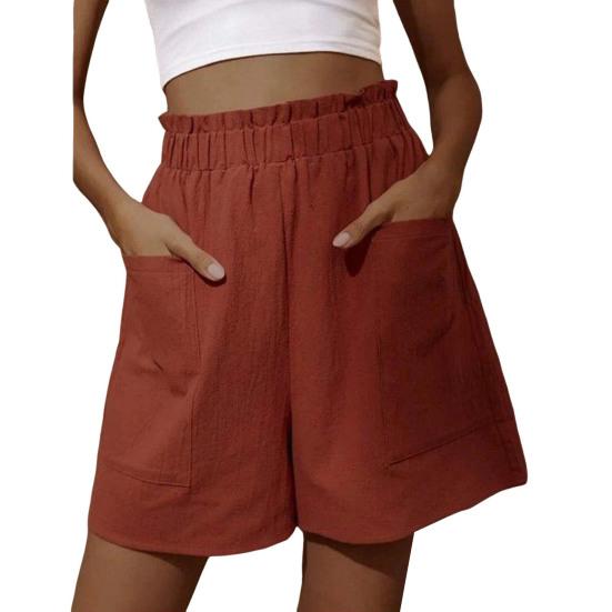 Women Shorts Elastic Knee Length Shirring Loose Side Pockets High Waist Straight Above Soft Solid