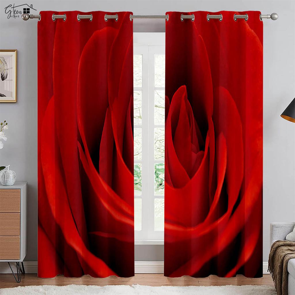 Retro Red Rose 3d Print Drapes Polyester Fiber Curtains Suitable For Bedroom Living Room Study Room Decorative Curtains 2 PCS