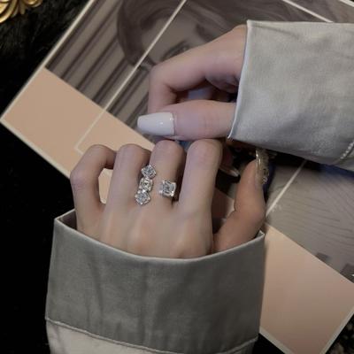 Shiny Zircon Ring Rhombus Adjustable Opening Ring Women Fashion Luxury Party Niche Design Exquisite Jewelry Gifts