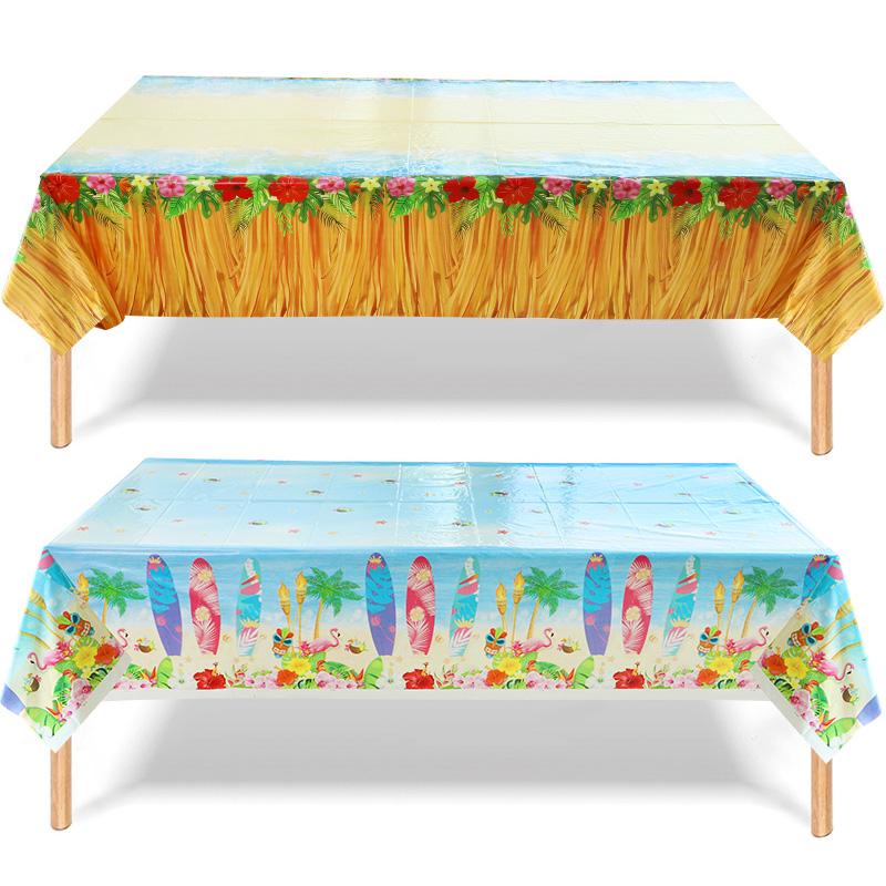 Hawaiian Party Disposable Tablecloth Grass Flowers Pattern Table Cover Tropical Summer Beach Birthday Party Decoration Supplies