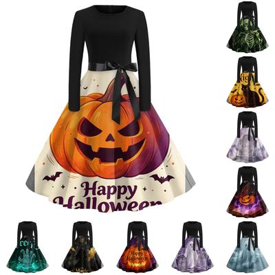 Women's Long Sleeve Round Neck Dress Halloween Ghost Print Casual A-Line Dress with Waist Tie Belt Suitable for Daily Wear and Seasonal Events