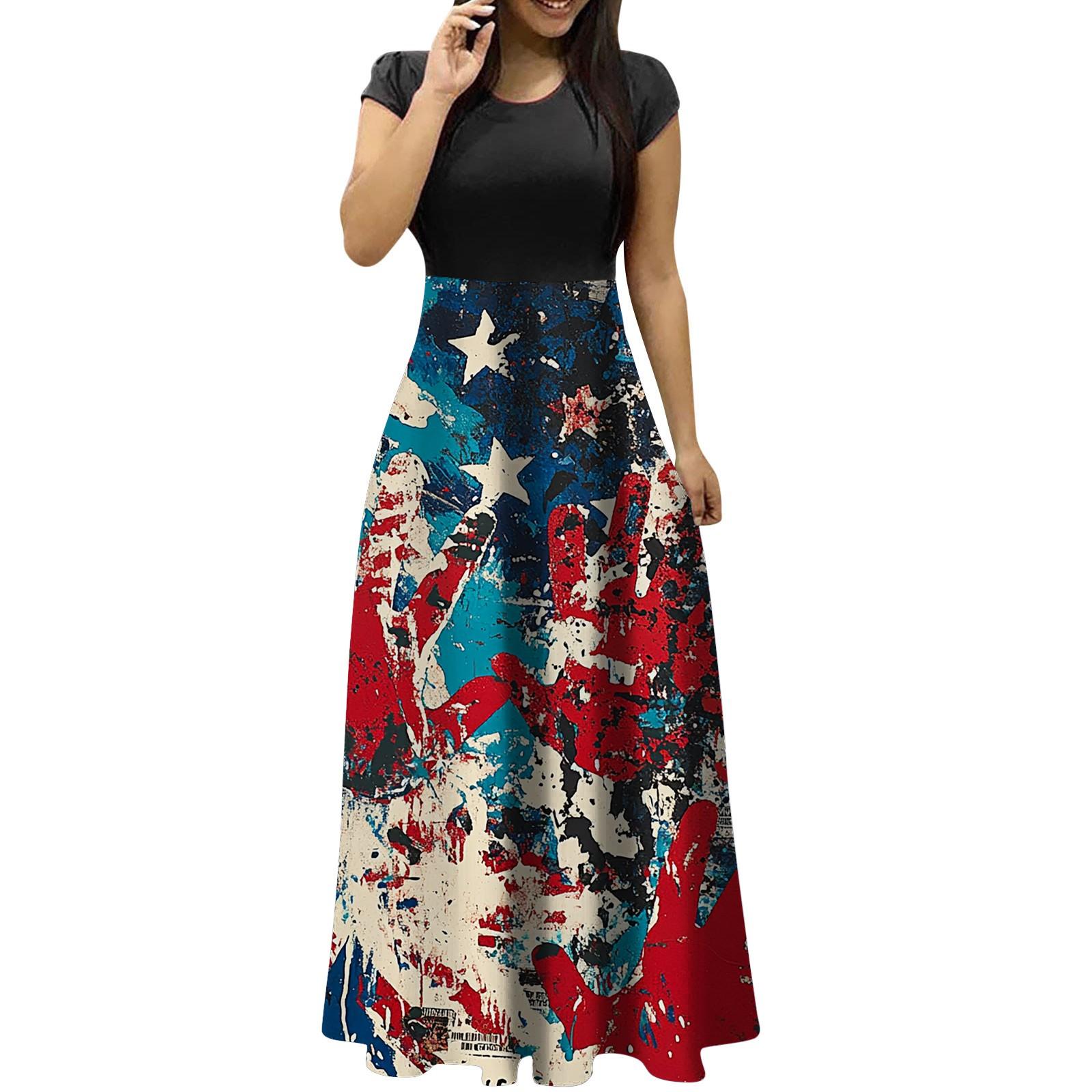 

Женские модные повседневные платья с круглым вырезом и коротким рукавом на День независимости S