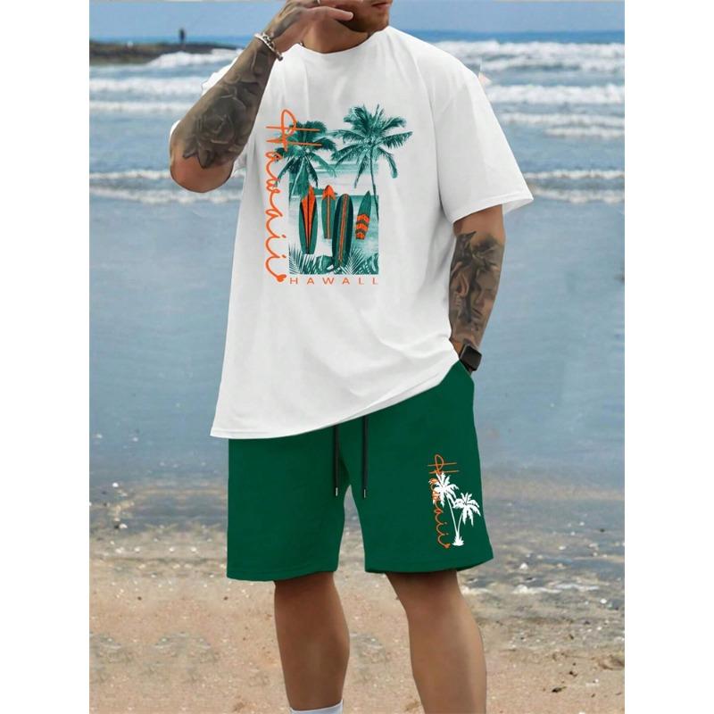 3D Coconut Print Classic Hawaiian Suit 2024 Summer Men's and Women's Gradient T-Shirt Shorts 2-Piece Beach Vacation Tracksuit