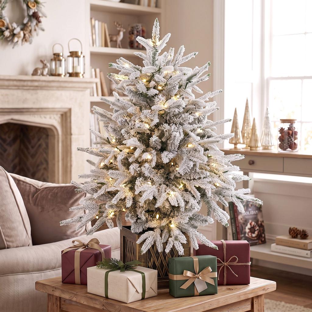 90 cm Prelit Flocked Christmas Tree, Base Stand, Green White