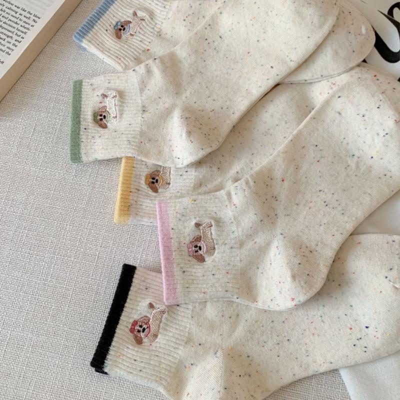 Female Spring and Summer New Style Casual Yarn Color Collision Lovely Dachshund Embroidery Boneless Tube Socks