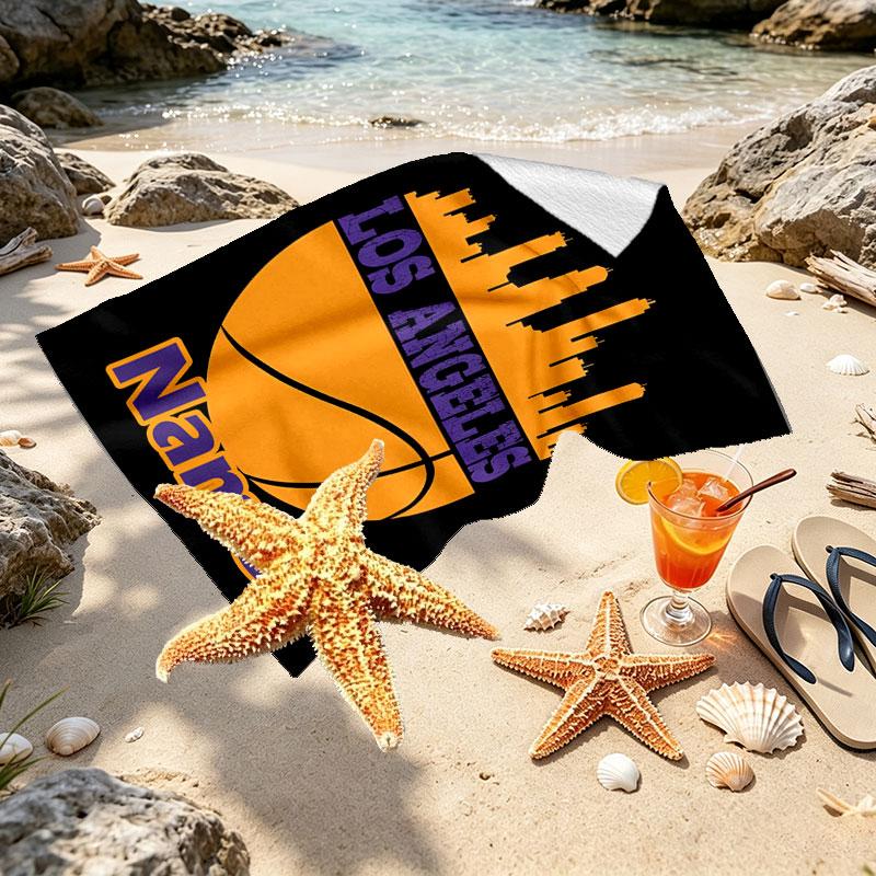 Custom Name Personalized Los Angeles Lakers Basketball Print Beach Towel, for Trip Camping Beach Party Home Decor, Birthday Gift for Family & Friends