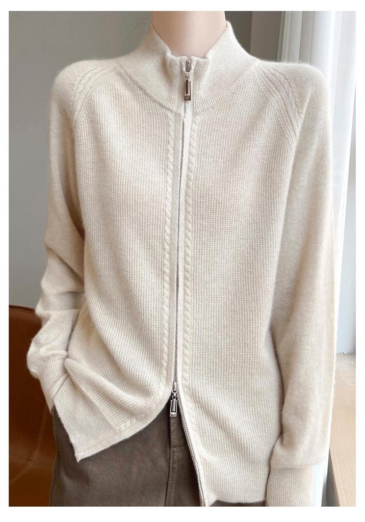 Women's Pure Wool Double Zipper Knit Cardigan - Stand Collar, Drop Shoulder, Versatile Cashmere Sweater for Autumn/Winter