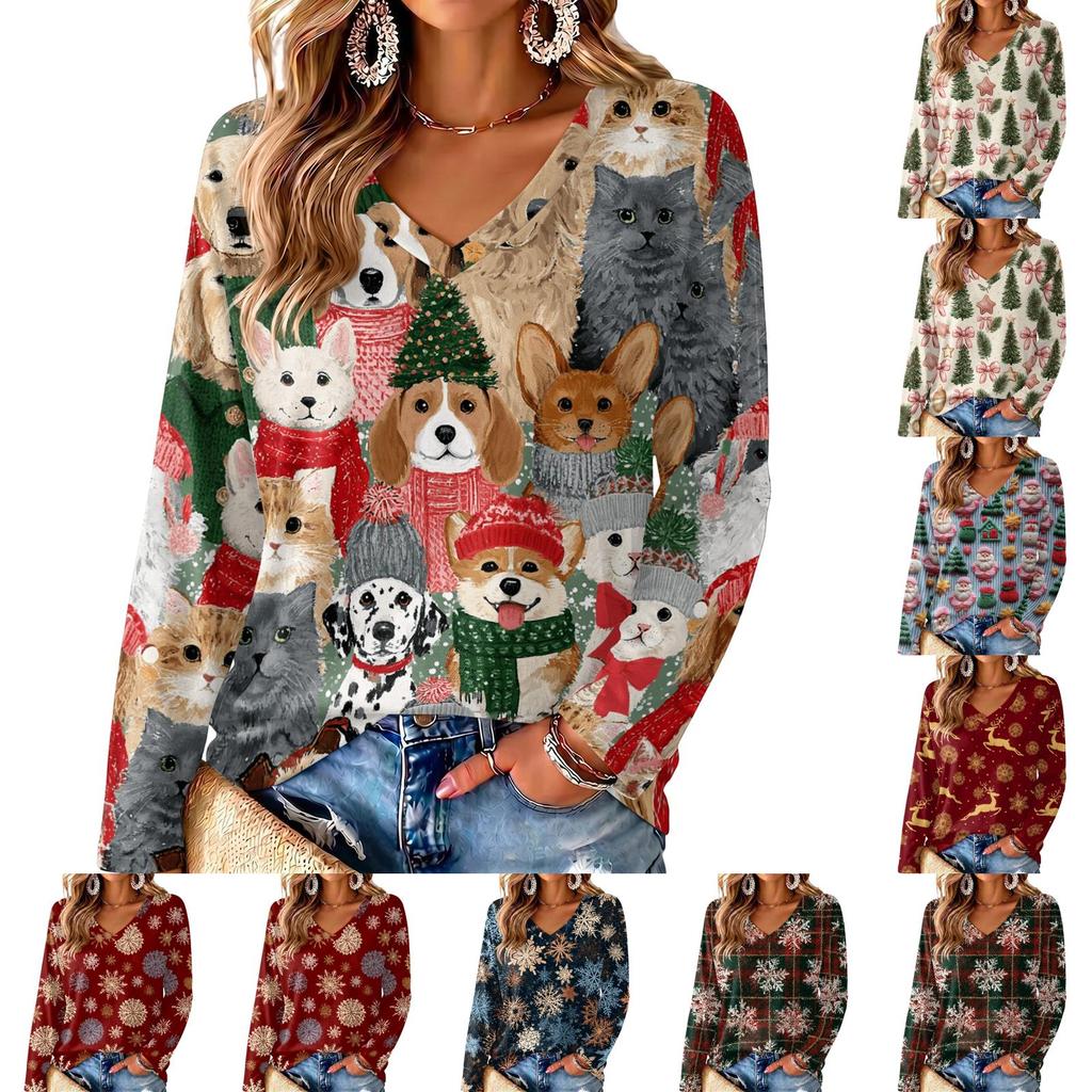 Women's V-Neck Long Sleeve Christmas Printed Lightweight Top for Spring and Summer