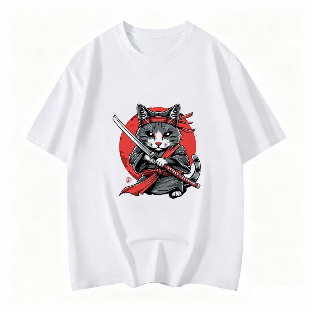 Japanese Samurai Cat Tattoo Kawaii Ninja Cat Printed Summer Unisex Tshirt Street Cool Casual Wear Unisexs Clothing Top