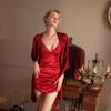 Beautiful yarn autumn new sexy suspender nightgown set women's French deep V perspective lace temptation