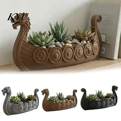 Creative Resin Planter for Home Viking Longship Pot, Dragon Boat Indoor Plant Holder Cacti Low Growing Pot Air Plants, Rustic Nordic Ship Container