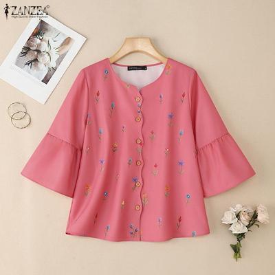 Women Casual Round Neck 3/4 Sleeve Loose Print Blouse