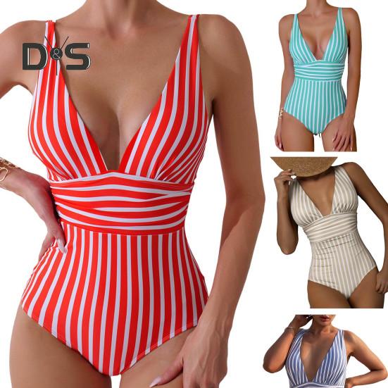 Women Monokini Deep V-Neck Sleeveless Slim Fit One-Piece Bikini Striped Print High Waist Tummy Control One-piece Swimsuit