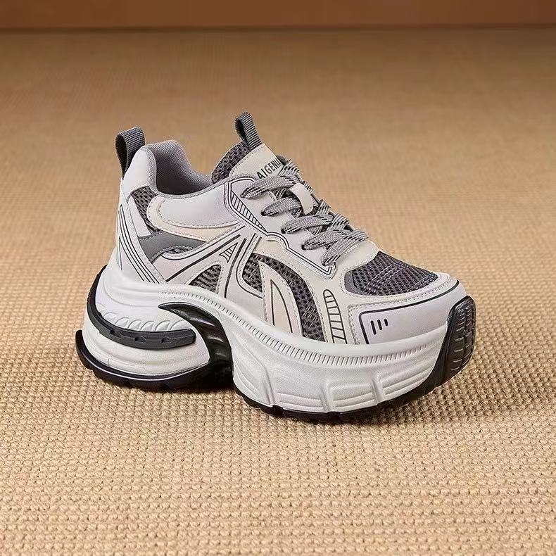 

Women s Dad Shoes 7cm Thick Heel Invisible Heightening Sport Shoes Fashionable Breathable Korean Style Flat Laced Casual Sneaker 35 сірий
