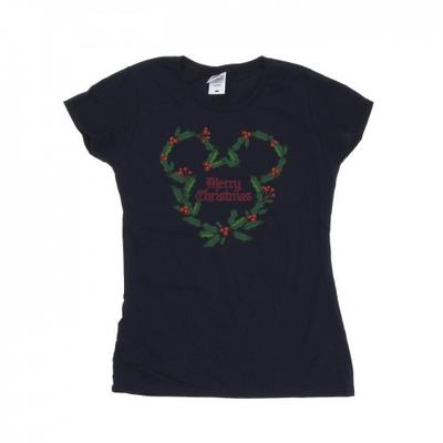 Camiseta de Algodão Natalina com Mickey Mouse e Azevinho para Mulheres/Senhoras