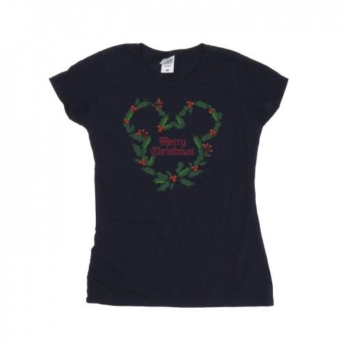 Disney Womens/Ladies Mickey Mouse Merry Christmas Holly Cotton T-Shirt