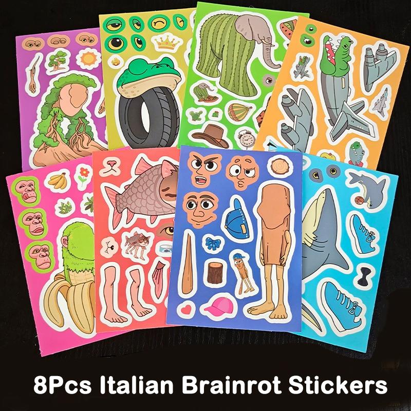 16/8 Sheets Italian Brainrot Sticker Tungtungtung Sahur Tralalero Tralala Shark Stickers Make a Face Puzzle Game Birthday Gift
