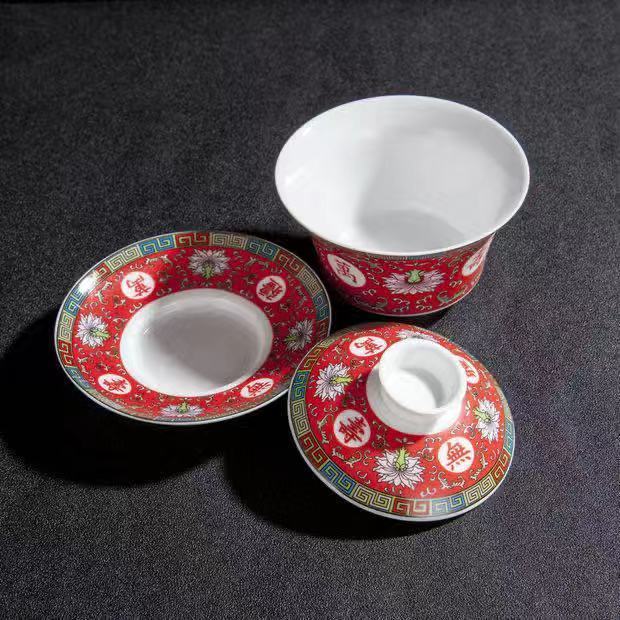 Traditional Chinese Jingdezhen Ceramic Tureen Porcelain Gaiwan Red Tea Cup Drinkware Bowl Longevity