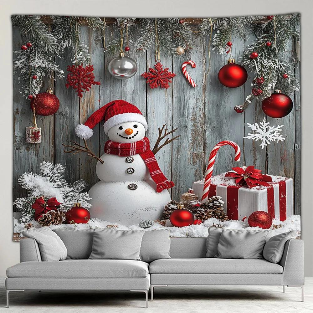 Cute Snowman Christmas Tapestry Xmas Tree Gifts Red Curtains Window Winter Scenery New Year Home Living Room Decor Wall Hanging