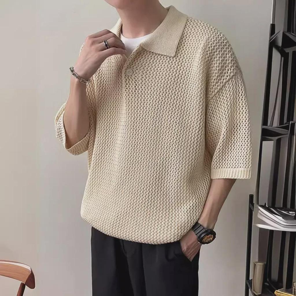 Men's Summer Polo Shirt - Hollow Knit, Short Sleeve, Breathable, Old Money Style, High-End, Shirt Collar