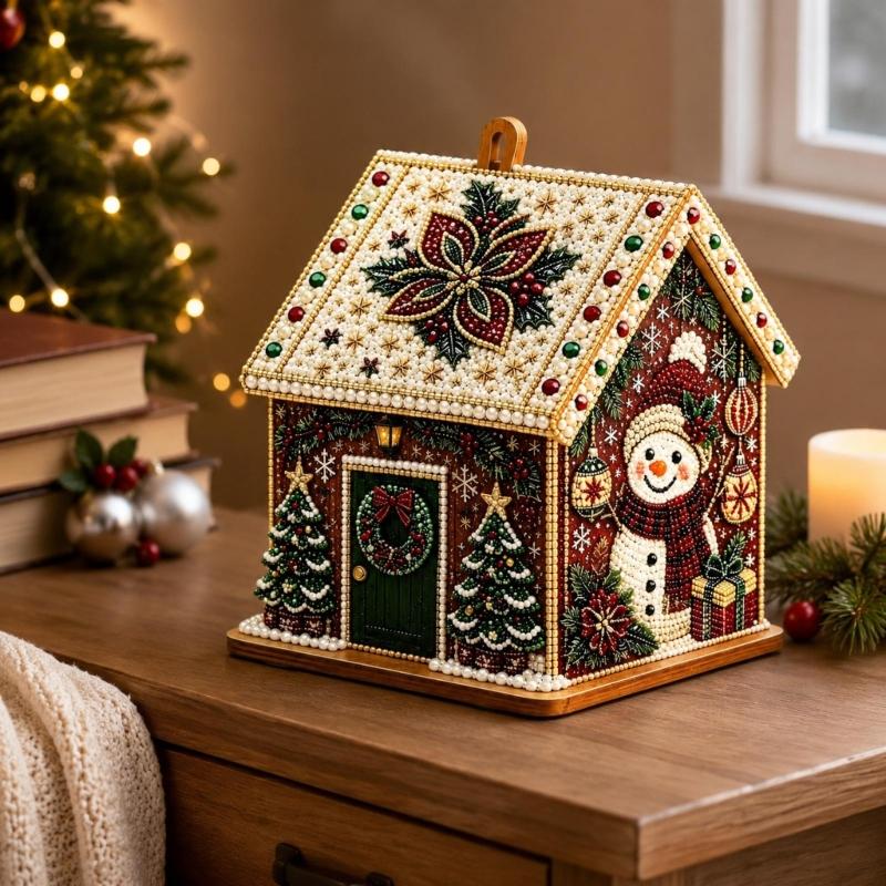 Wooden Christmas Houses Craft Set with Rhinestones Painting Piece, Pearls-Style Accents, and Tools for Hands-On Decorating