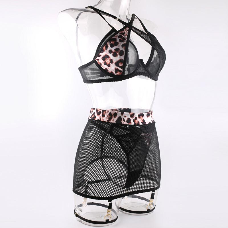High-quality New Splicing Leopard Print Bra Mesh Perspective with Steel Ring Luxury Sexy Underwear Set