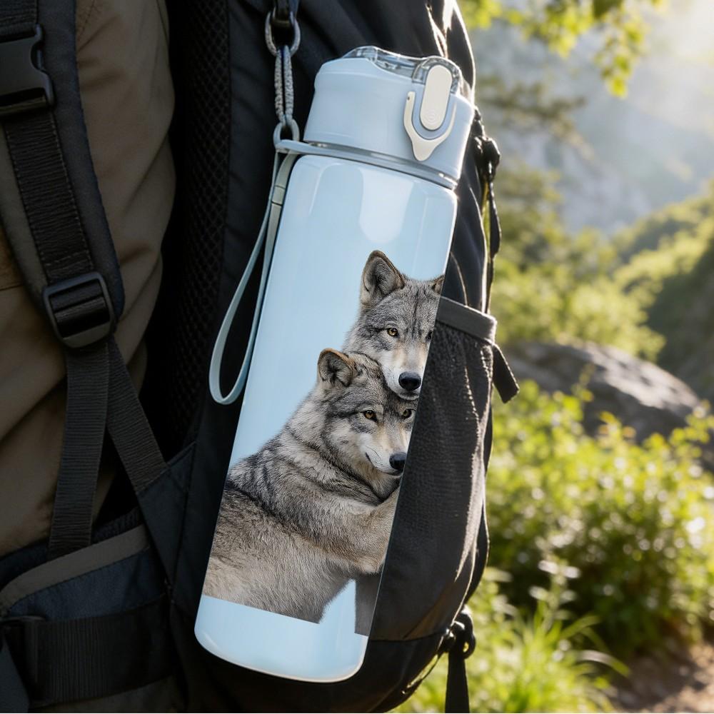1PC Two Grey Wolves Hugging Animal Print 750ml Color Plastic Sports Water Bottle Leakproof Flip Straw Lid Suitable for Sports Office Home Use