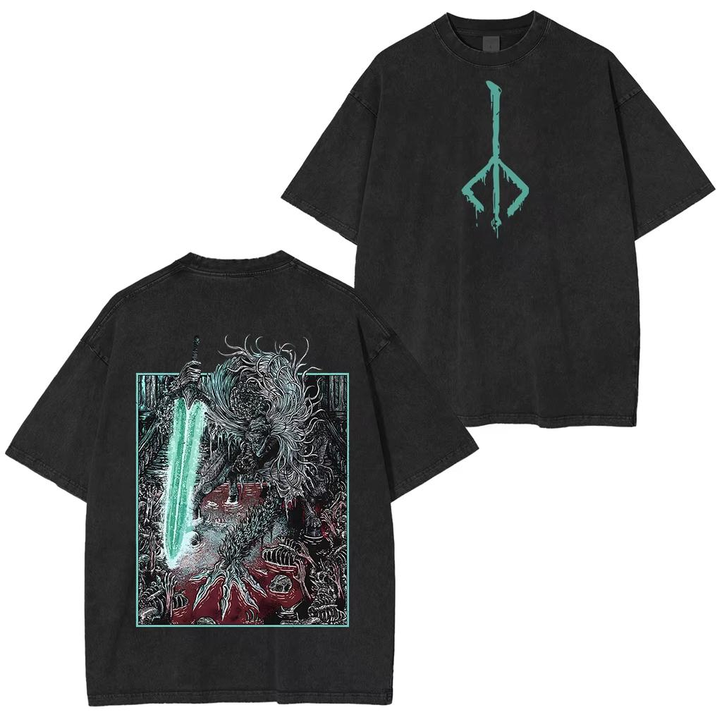 Bloodborne Ludwig Der Verfluchte Heilige Klinge Grim T-Shirt Jäger und Lampe Boten Oversize Gewaschen Sommer Lässig Streetwear Kurzarm T-Shirts Oberteile