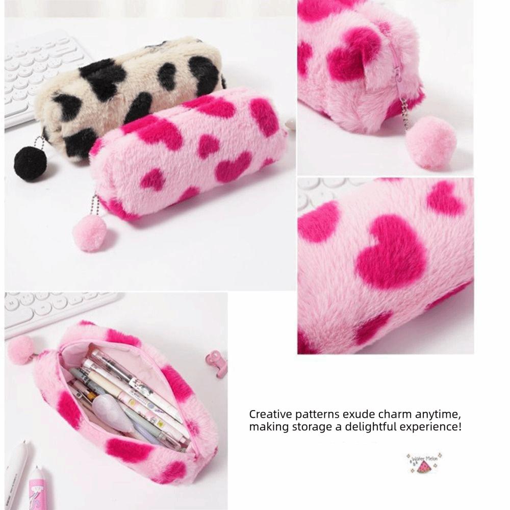 Cartoon Plush Pencil Case Leopard Print Storage Bag Cute Pencil Pouch Students