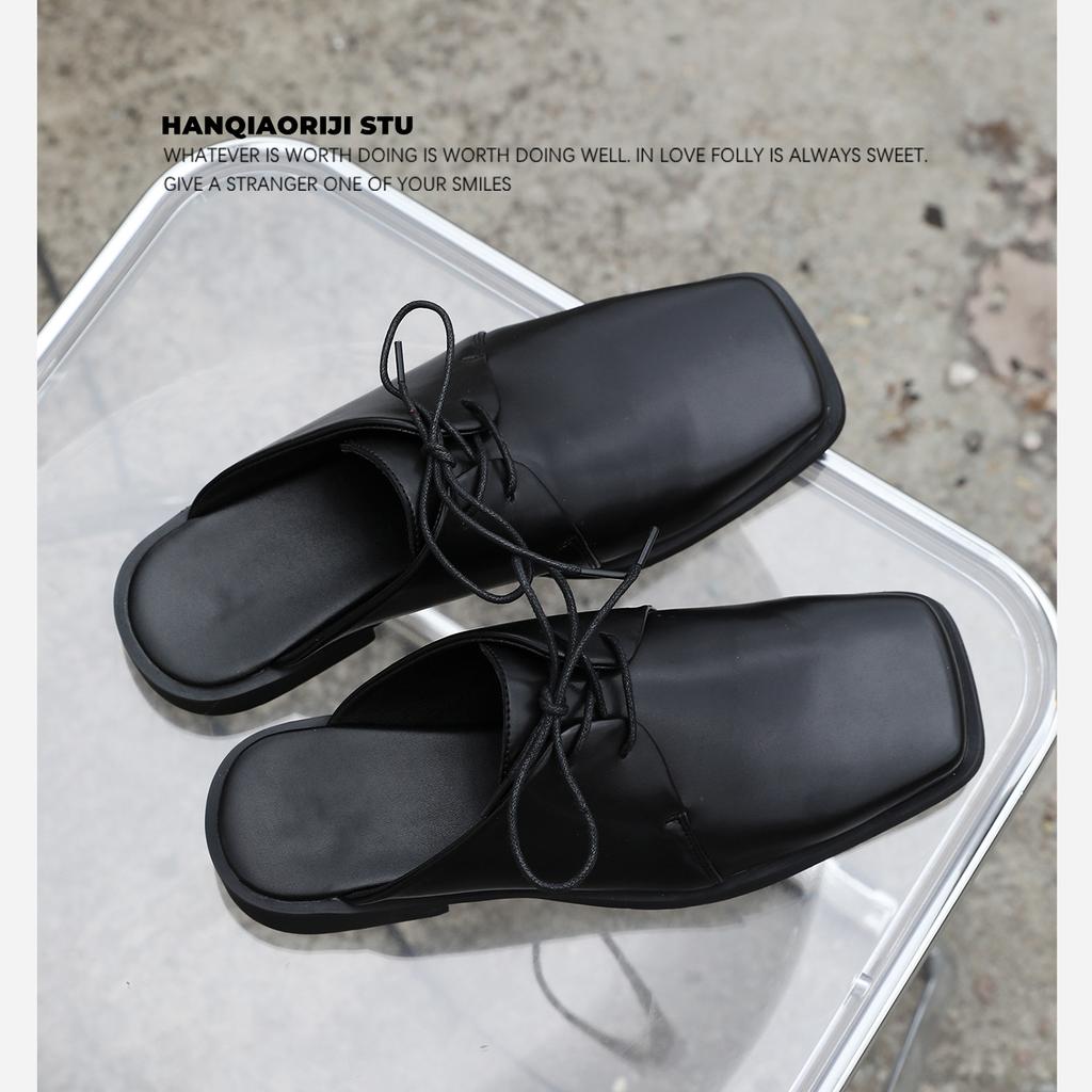 Summer new half-drag leather shoes personalized black square scalp slippers