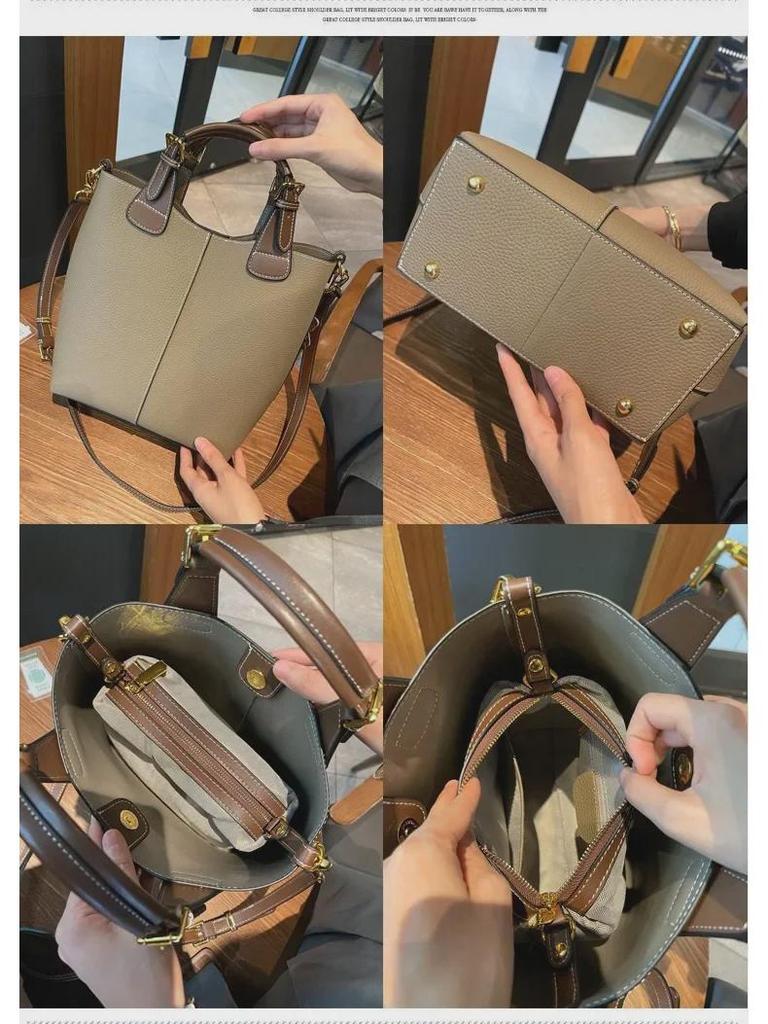 Women's Genuine Cowhide Bucket Bag - Versatile, Large-Capacity Handbag for Commuting & Daily Use.