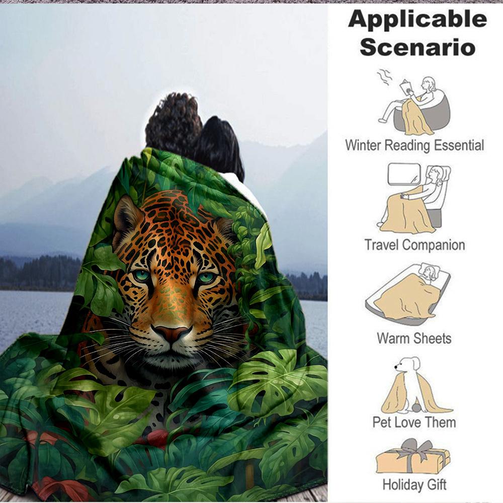 1pc Jungle Leopard Print Blanket Lightweight Flannel Blanket Throw Blanket For Sofa, Bed, Travel, Camping, Livingroom, Office, Couch, Chair, And Bed y