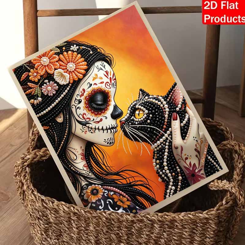 Halloween day of the dead cat flower girl pearl painting art full pearl handmade diy home decorations