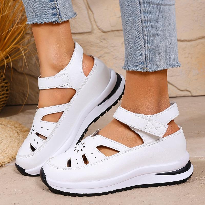 Summer New Slope Heel Sandals Bag Head Hollow Breathable Women's Large Size Muffin Thick Sole Velcro Women's Shoes