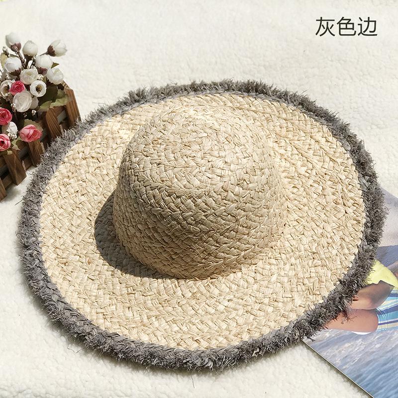 Natural Lafite Straw Hat Sunscreen Large Brim Beach Hat Trendy Foreign Style Color Fur Edge Dome UV Protection Sun Visor
