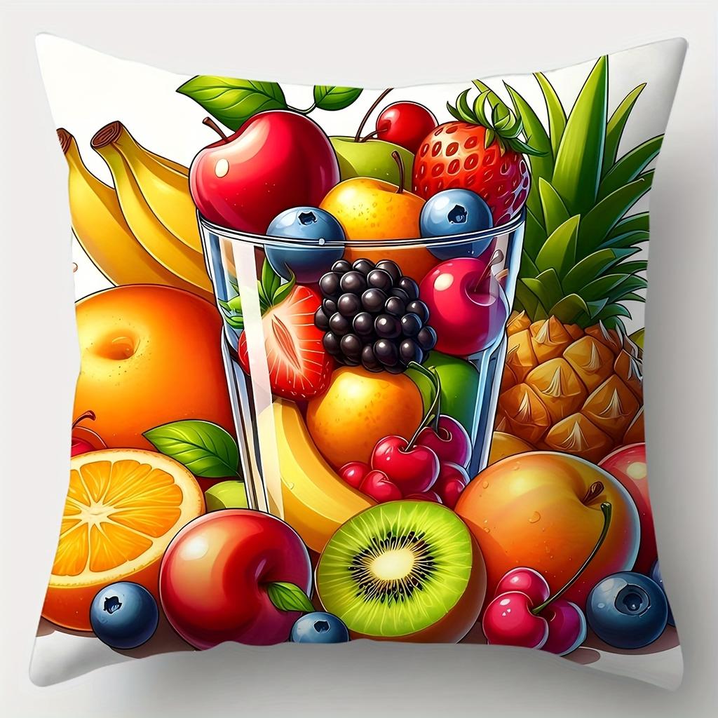 Fresh Fruit Market Art Throw Pillow Covers, Juicy Exotic Fruits In Highball Glass Print Cushion Cases, Summer Aesthetic Decor