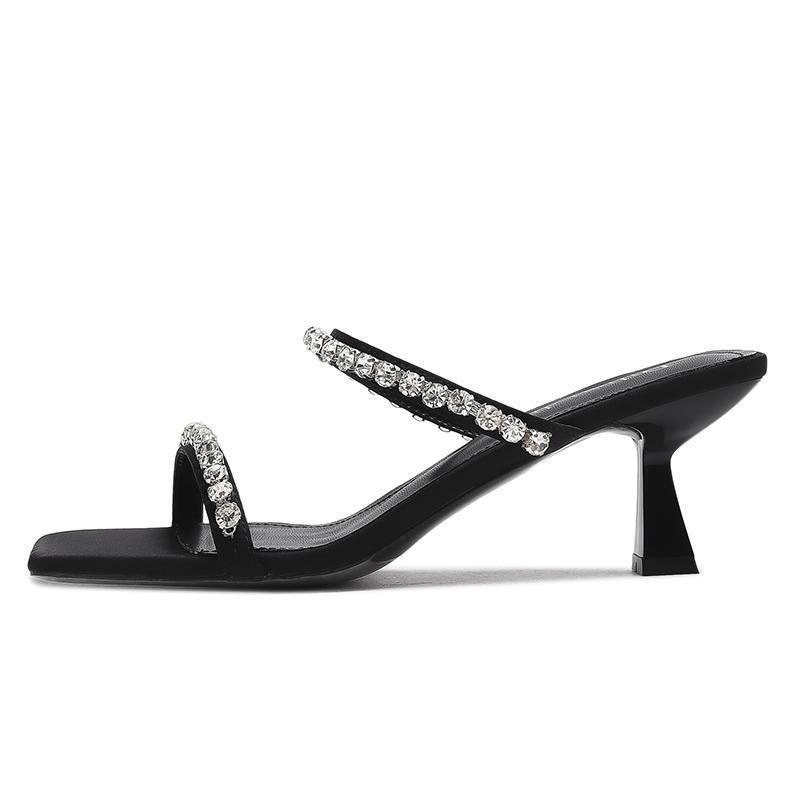 Silver high heels women's thick heel with full diamond slippers women's summer outer wear medium high heel sandals women's 2025 new models