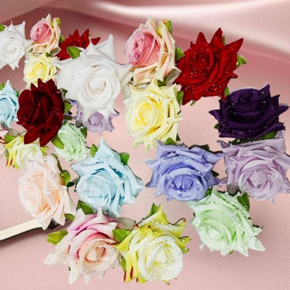 10pcs Pastel Colors Dew Drops Artificial Rose Elegant Flower Arrangement Bridal Hair Accessories
