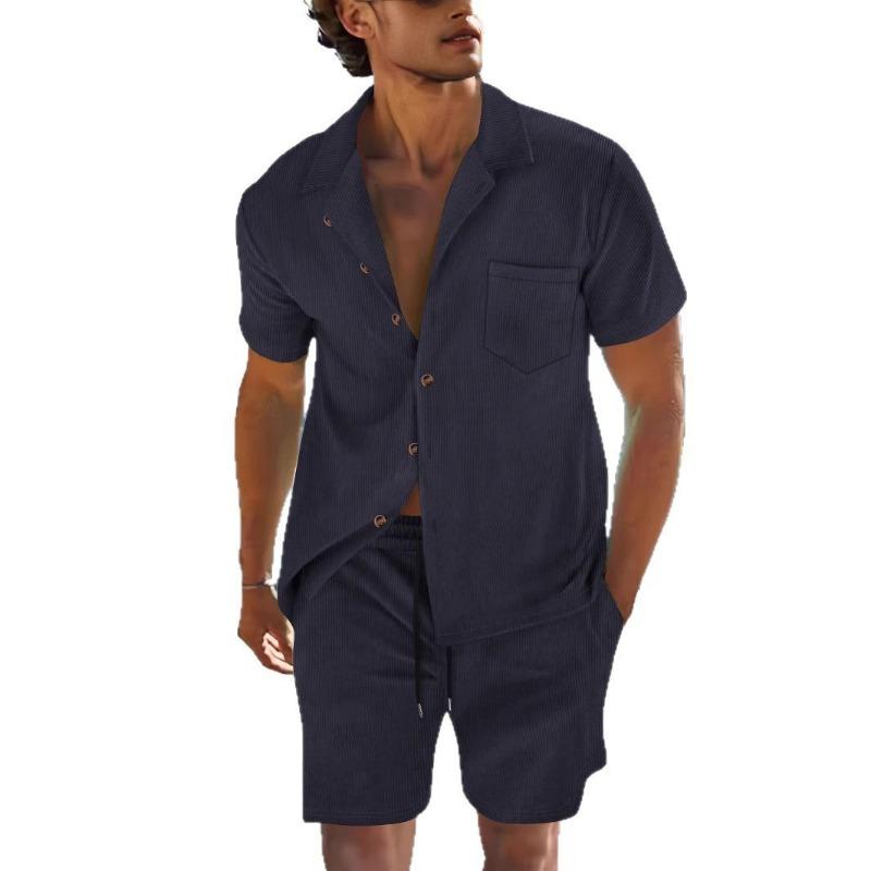 Men S Summer Thin Short Sleeve Cuban Collar Shirt And Shorts Casual Two Piece Set
