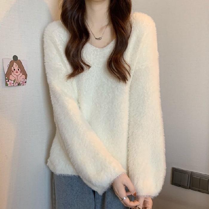 Women's Faux Mink Velvet V-Neck Sweater - Stylish Warm Long Sleeve Knit Top for Autumn/Winter