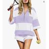 Schwarz-Weiß Colorblock Halbreißverschluss 3/4 Ärmel Oberteil & Shorts 2-teiliges Set