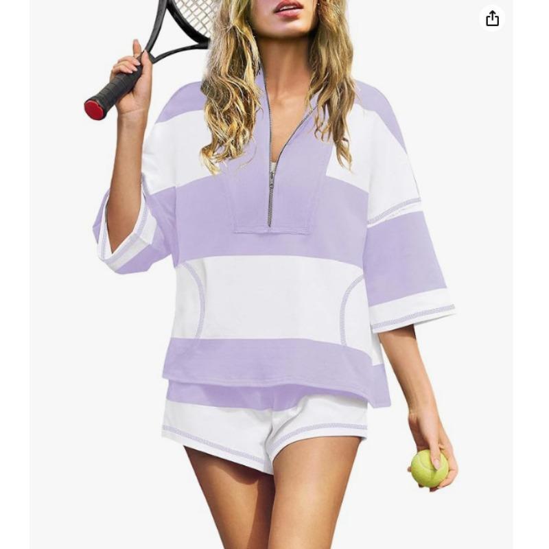 Schwarz-Weiß Colorblock Halbreißverschluss 3/4 Ärmel Oberteil & Shorts 2-teiliges Set